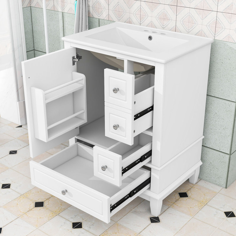 Meuble-lavabo en bois avec lavabo, tiroirs de rangement et tablettes de porte internes en bois, Blanc