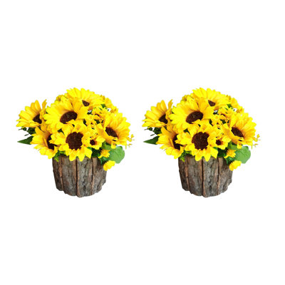 Ensemble de 2 fleurs artificielles en pot, petite fleur rustique avec vase en bois dans un jardin, décoration de fête de mariage, tournesol