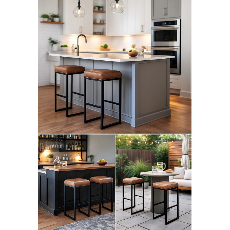 Bar Stool Small With Brown Leather, Brown Seat/Black Frame