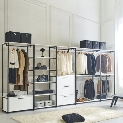 Walk-in en bois et métal avec cinq tablettes - Structure thermolaquée robuste, espace de rangement profond, eau et chaleur, panneau de classement Stain Scratch E0, 2 fois plus épais, structure modulaire, blanc, 16,79 po