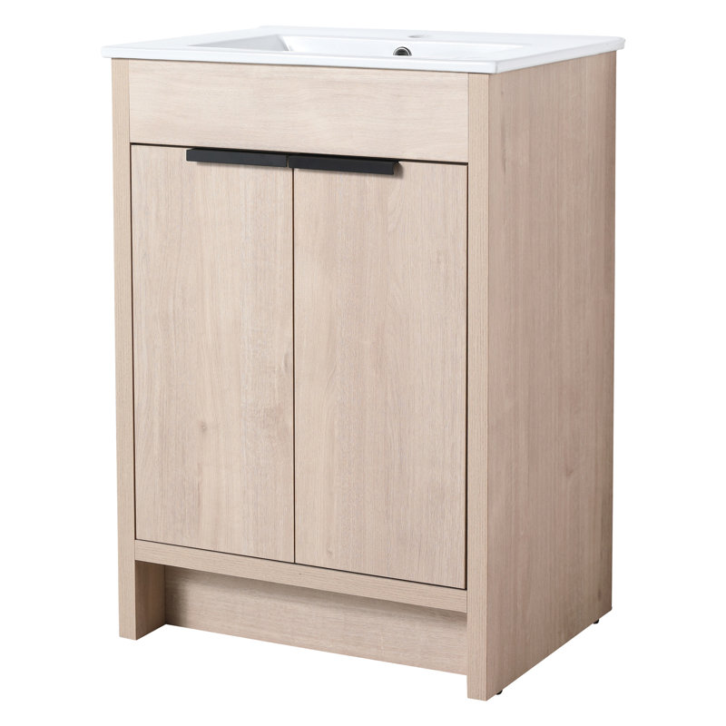 Meuble-lavabo autoportant 24 po, portes à fermeture en douceur, finition chêne, contreplaqué, tablettes réglables pour un superbe rangement en chêne, captivant