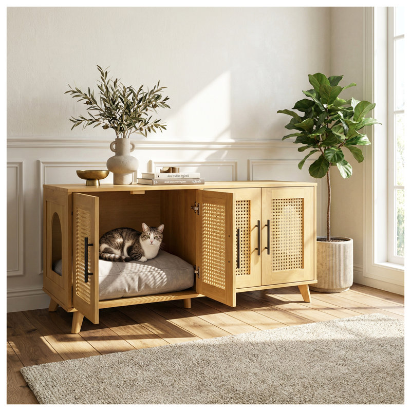 Armoire pour chat moderne Myra Mid-Century avec portes en rotin et coussin moelleux