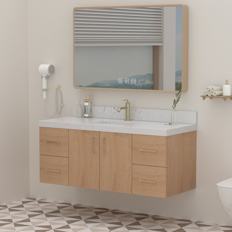 48 po Meuble-lavabo mural moderne avec comptoir en pierre d'ingénierie et lavabo en céramique