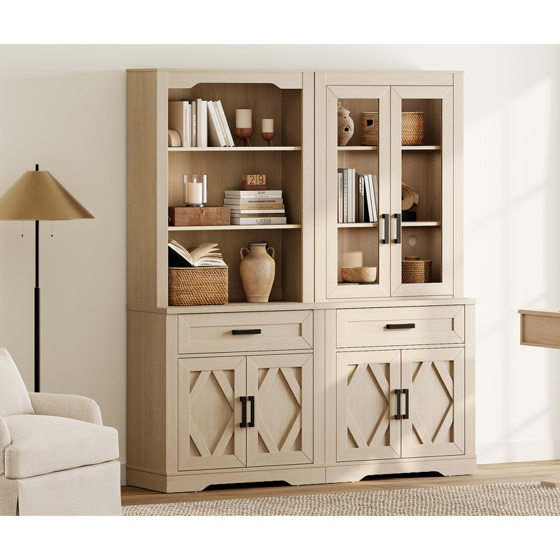 Laziza 5 Tier Bookcase With Barn Door,73.3" Tall Open Storage Bookshelf,Floor Standing Farmhouse Display Organizer With Drawer For Home Office,Living Room