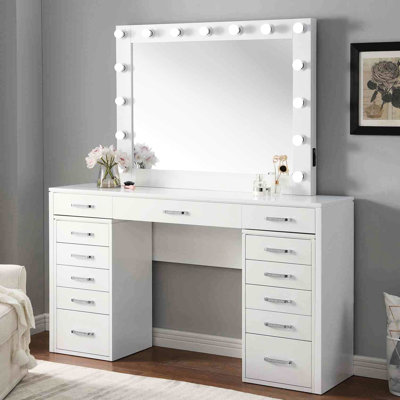 Bedroom Solid Wood Vanity Featuring Multiple Drawers, 15Pcs Bulbs And , White Finish, Stool Not Included Part Of Listing