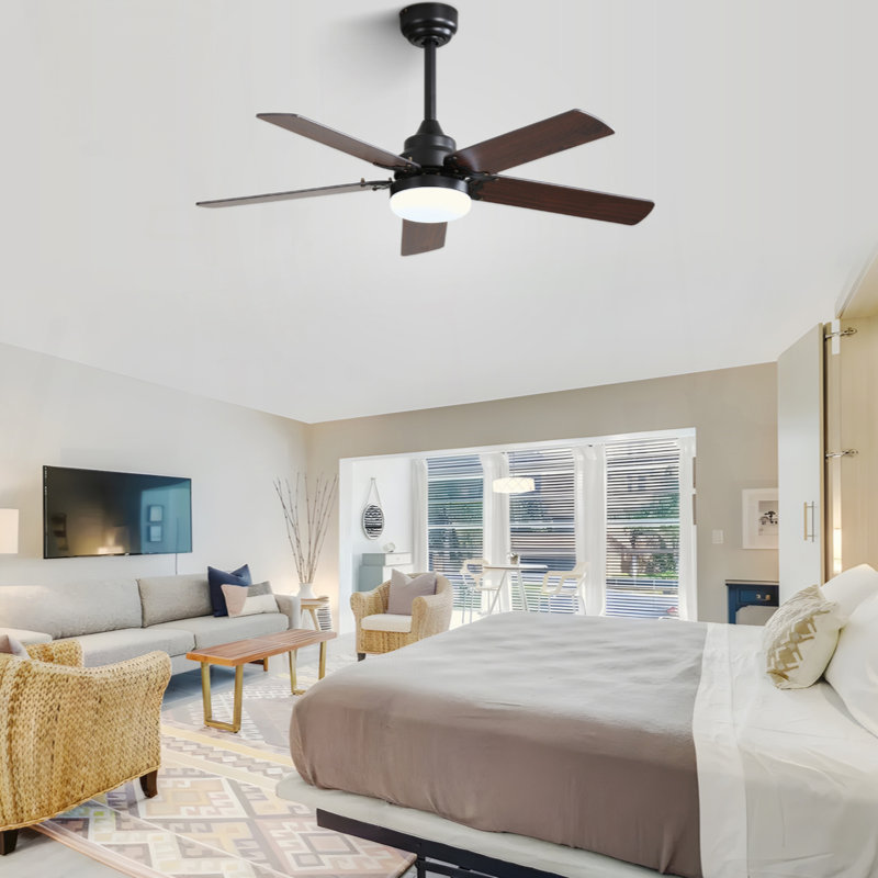 42 Inch Modern Ceiling Fan With LED Light 5 Blades Remote Control Reversible DC Motor Black For Bedroom