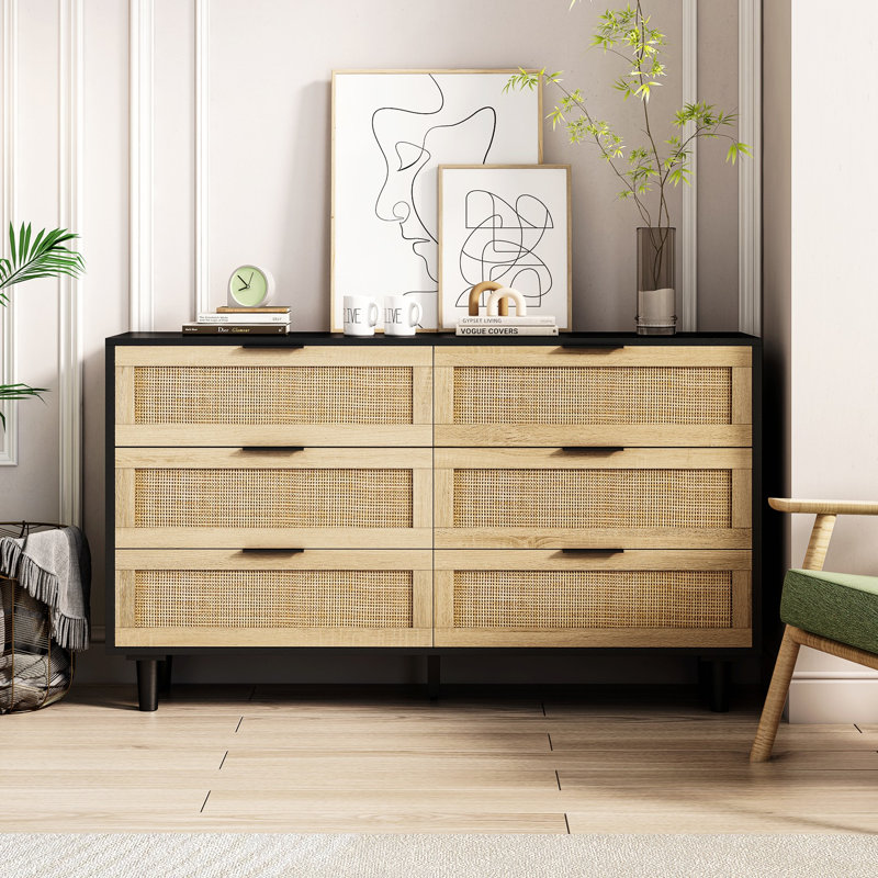 6-Drawers Rattan Storage Cabinet, 29.58" H x 51.23" W x 15.8" D, White