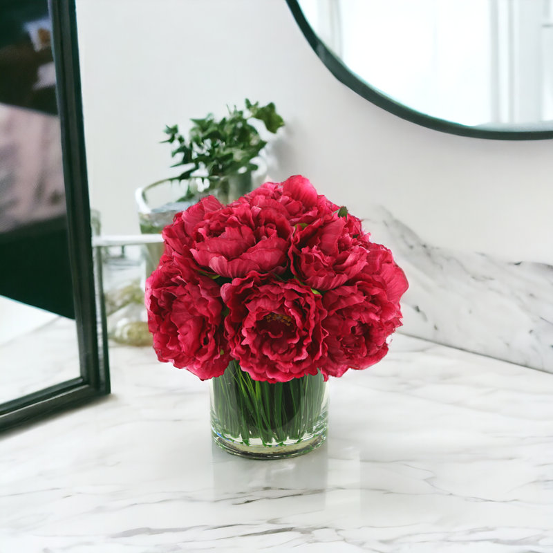 Peony Arrangement in Glass Vase with Grass, Magenta