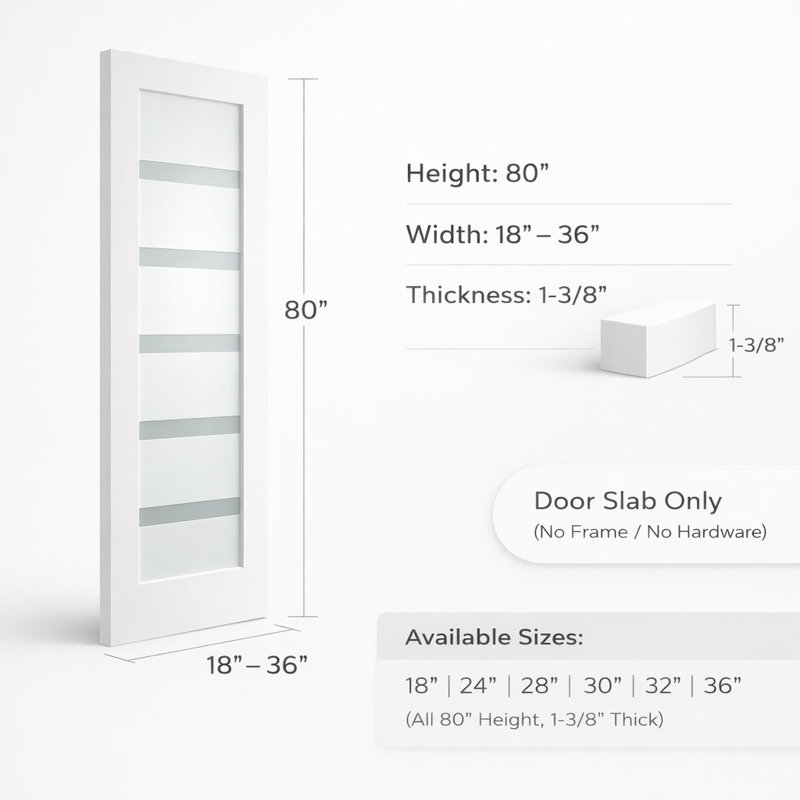 Petite porte en verre givré blanc apprêté 5 petites, 30 po X 80 po, dalle de porte intérieure en verre givré délicat, Gauche