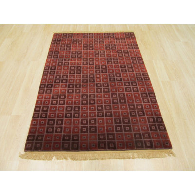 Standard Size Red Hand-Knotted Wool Boxed Checkerboard Geometric Modern Contemporary Carpet Rug