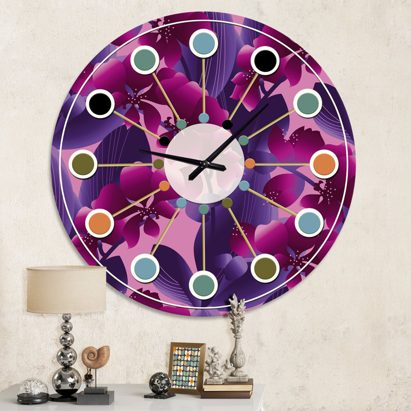 Motif de fleurs d'orchidées - Horloge murale moderne Mid-Century, Moyenne