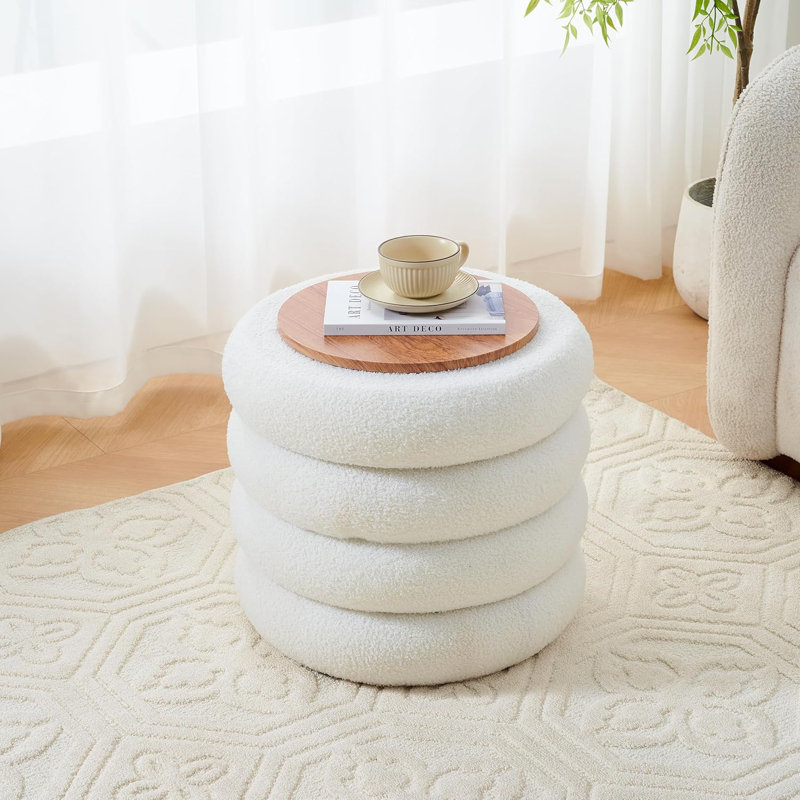 Round Storage Ottoman, Modern Footstool, Vanity Stool with Flip-Top Tray, White