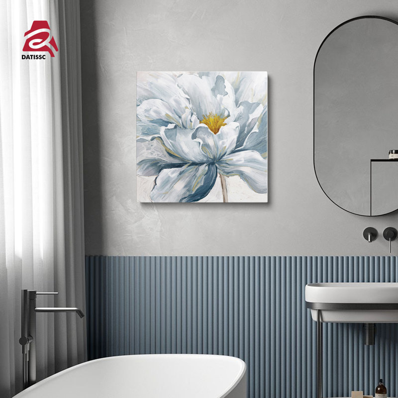 Impression d'art floral moderne peint à la main en bleu et blanc, H 26 po x l 26 po x P 1,7 po