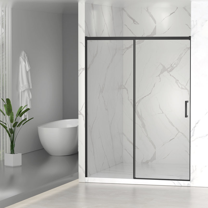 Porte de douche coulissante semi-sans cadre l 56 à 60 po x H 74 po, verre trempé clair Sgcc de 1/4 po (6 mm), fini noir mat, largeur réglable - aucune découpe requise