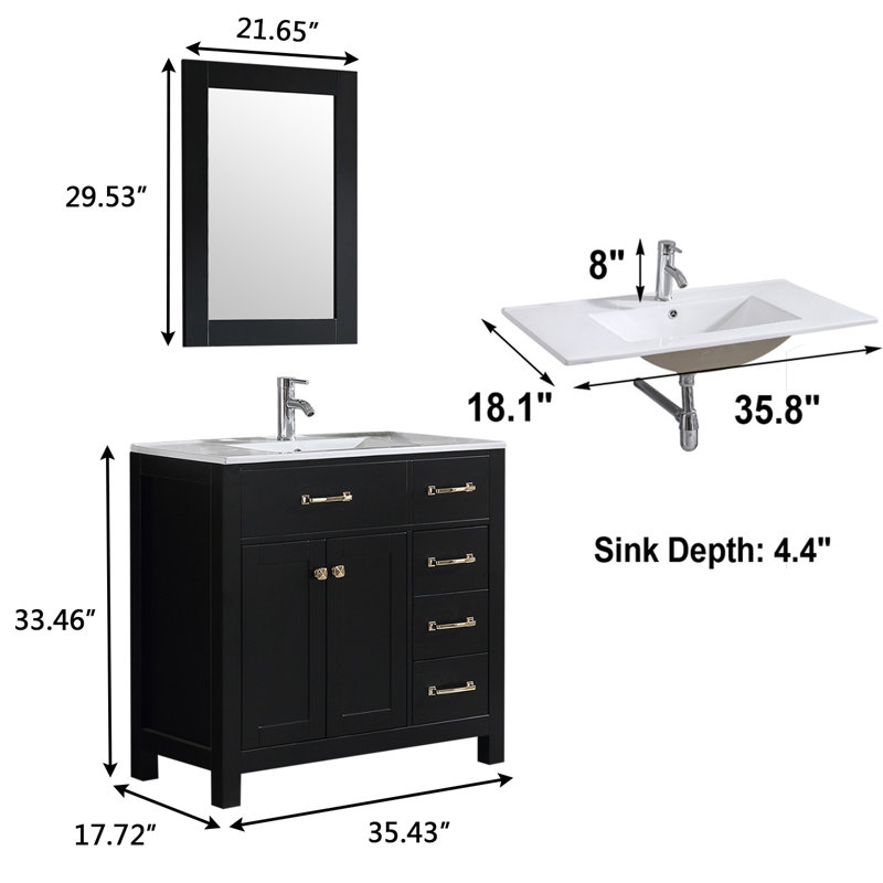 36" Single Bathroom Vanity Set with Sink Top and Mirror, Soft-Close Doors, Black