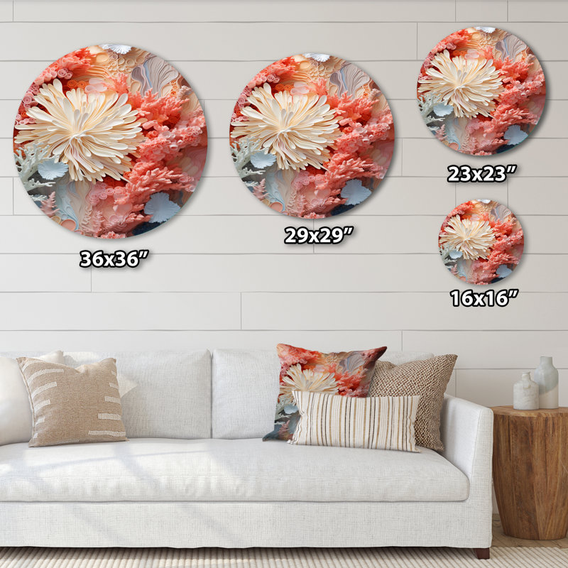 Collage corail rose et blanc IV - animaux, art en métal rond, H 23 po x l 23 po