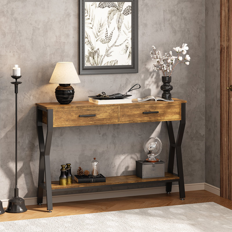 Console 47 po avec 2 tiroirs, table de vestibule en bois Farmhouse, Brun rustique