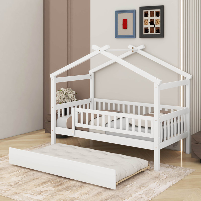 Lit simple en bois avec lit gigogne, Lit simple, Blanc