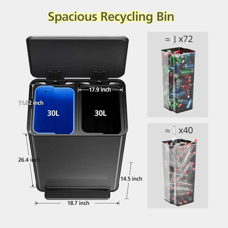 Stainless Steel 16 Litre Step On Kitchen Trash Can , Black