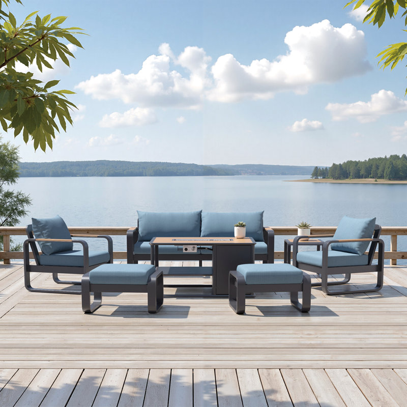 Andes 7-Piece Sunbrella® Outdoor Patio Fire Seating Set - Canvas Denim, Canvas Denim