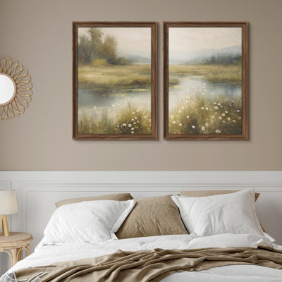 Ensemble de 2 reproductions d'art encadrées de qualité supérieure, vintage et classique pour chambre à coucher - 26 po x 36 po brun