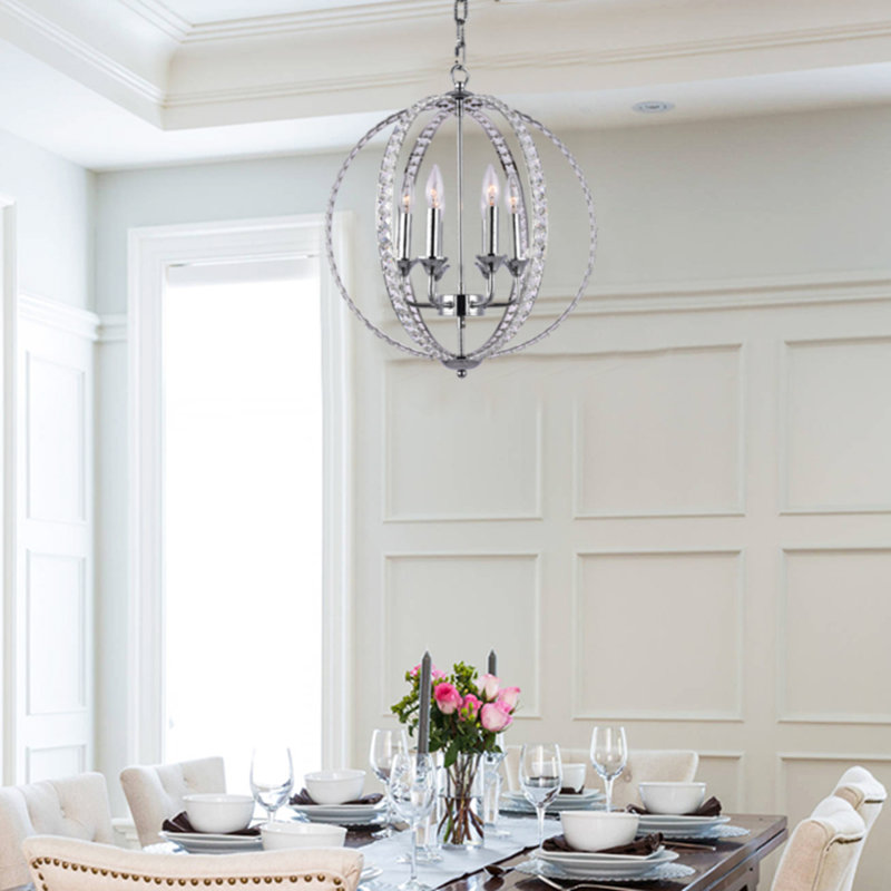 Lustre transitionnel en métal chromé 6 lumières avec cristaux transparents