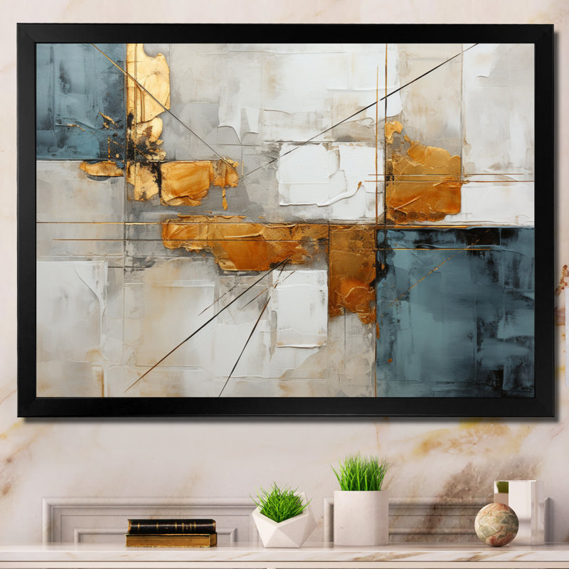 Or gris, géométrie brillante IV - Collages abstraits, art mural, Cadre simple noir, H 30 po x l 40 po x P 1,5 po