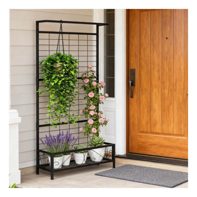 Grand support à plante en métal avec treillis et crochets de suspension, support de jardin en acier noir