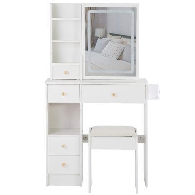 29.2" Small Size Left Drawer Desktop Vanity Table + Cushioned Stool, 2 AC+2 USB Power Station, Hair Dryer Bracket, Extra Large Touch Control Sliding LED Mirror, Tri-Color Switching, Brightness Adjust