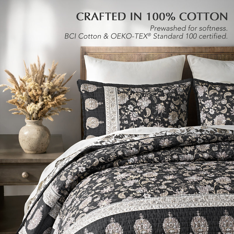 100% Cotton Patchwork Quilt Set, King Quilt + 2 King Shams, Ebony Taupe Floral