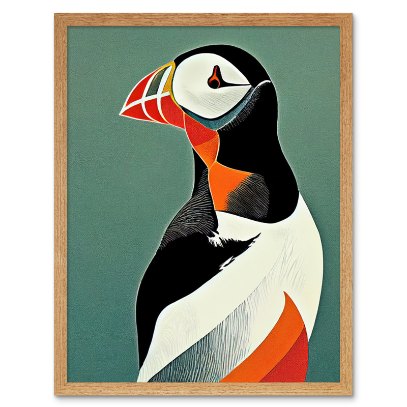 Bright Colourful Atlantic Puffin Bird - Print, Light Brown Framed Paper, 25.9cm H x 20.6cm W