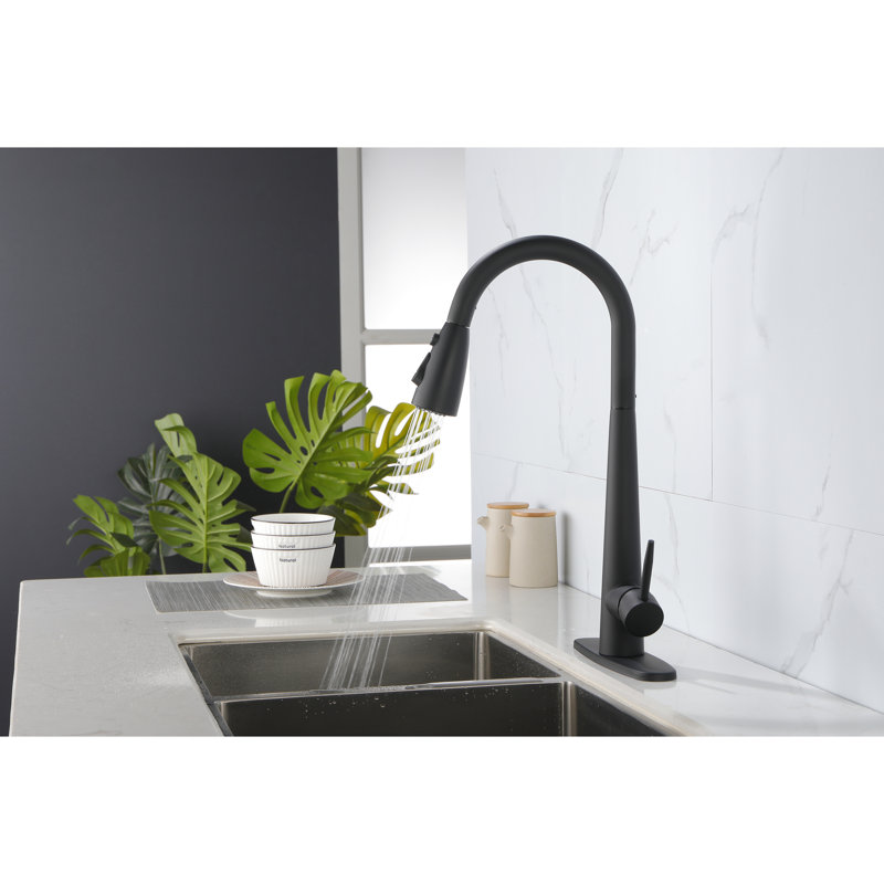Pull Down Single Handle Kitchen Sink Faucet In Stainless Steel, Matte Black Hue, 360 Rotating High - Arc Nozzle, Three Water Output Forms  Stream, Spray,  , Simple Temperature And Flow Control, Rust