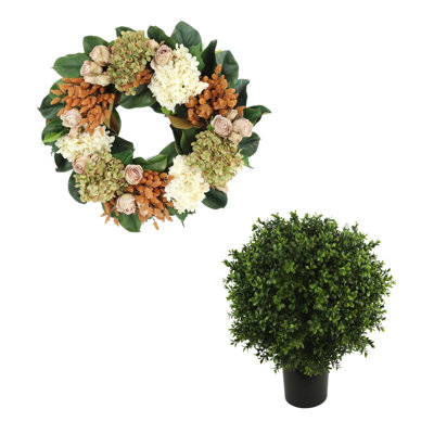 Levasy Rustic Hydrangea Fall Wreath with UV Rated Outdoor Boxwood Drop-In