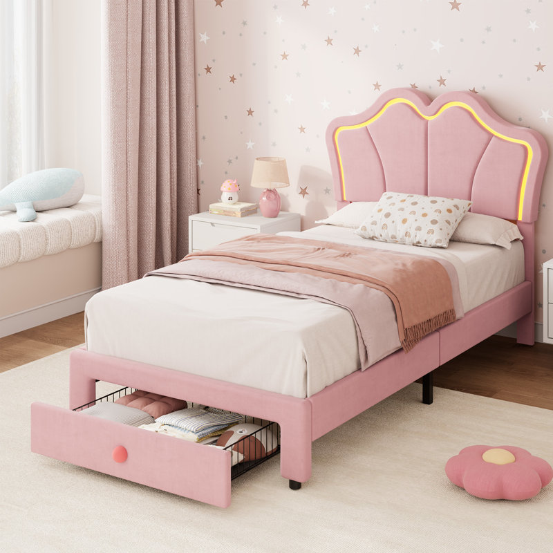 Twin Bed Frame with Storage Drawer, Upholstered LED Bed Frame with Chic Double Wavy Headboard, Cute Velvet Platform Bed Frame, Solid Wood Slats Support, No Box Spring Needed, Pink