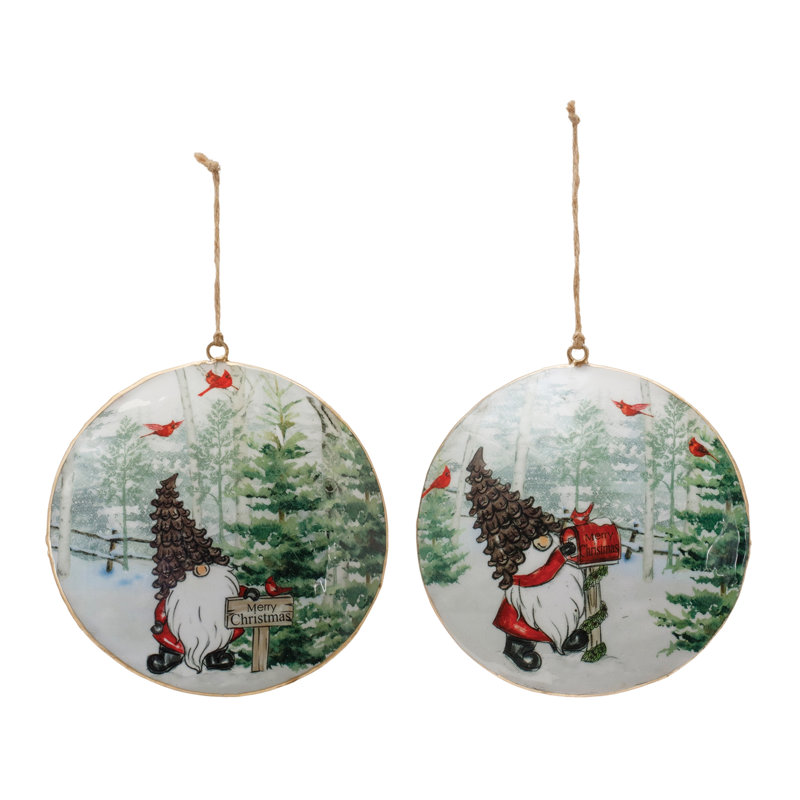 Metal Gnome Cardinal Forest Disc Ornament (Set of 6)