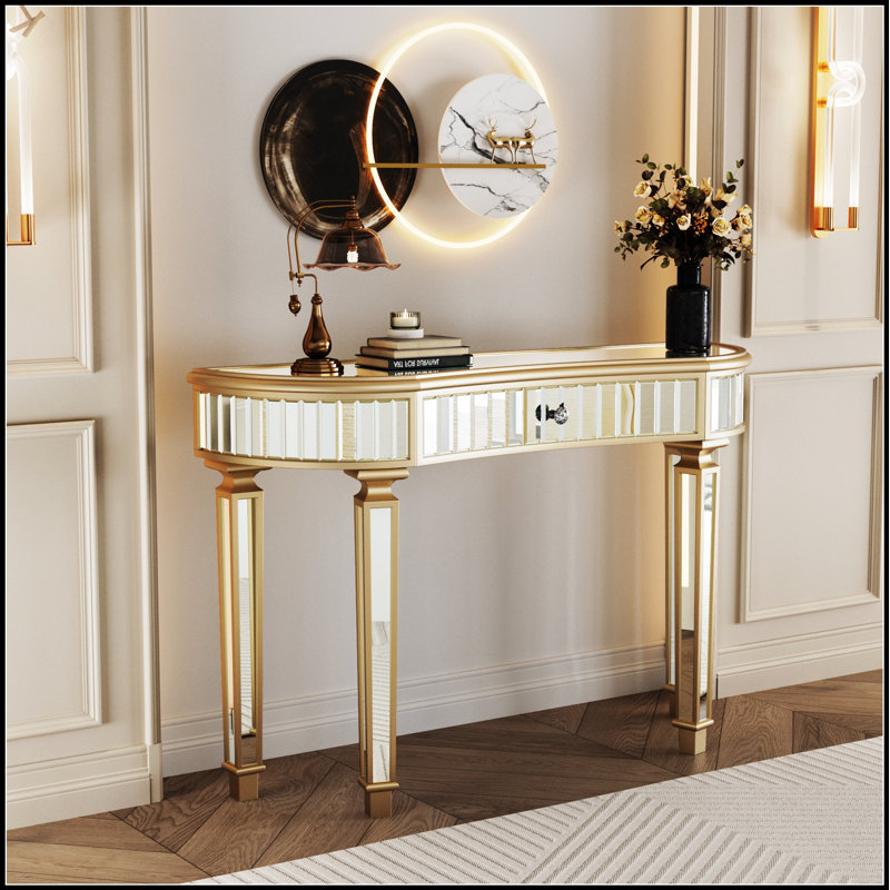 Console à miroir en demi-lune de 47 pouces avec verre cannelé et tiroir en cristal - Meuble-lavabo élégant pour les chambres et les vestiaires