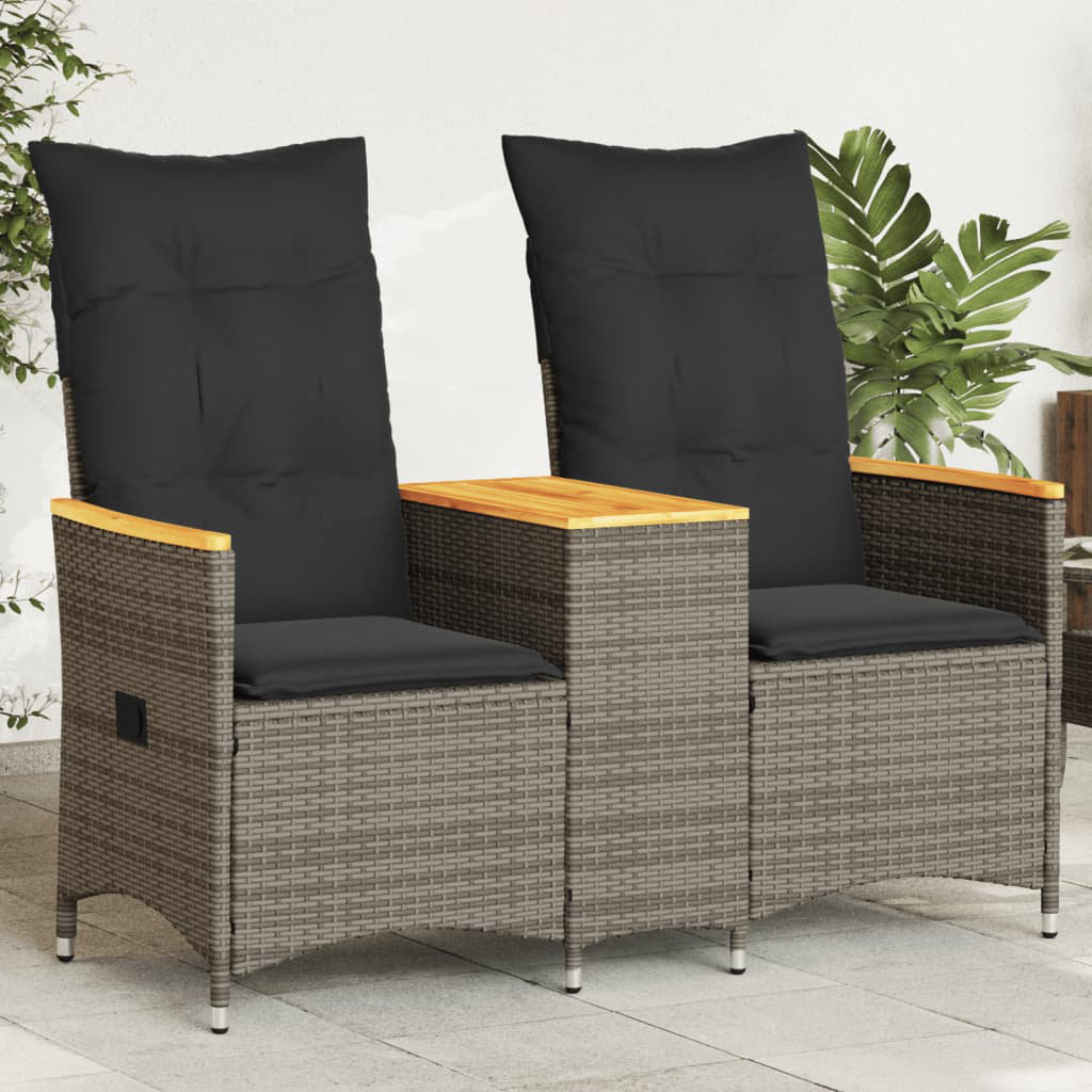 Gartensofa 2-Sitzer Verstellbar mit Tisch Schwarz Polyrattan