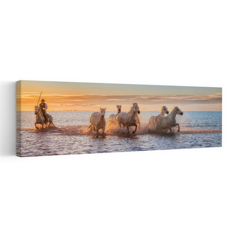 Camargue Horses Sunset Run by Antoni Figueras - Wrapped Canvas Panoramic Print, 30.48 cm H x 91.44 cm W