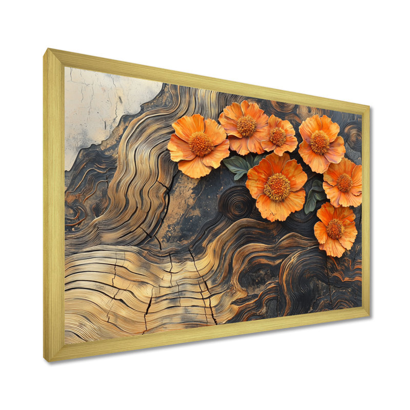 Ihno Autumn Marigold Flowers On Wood Slide I - Art mural souci, Reproduction encadrée d'une seule photo, H 12 po x l 20 po