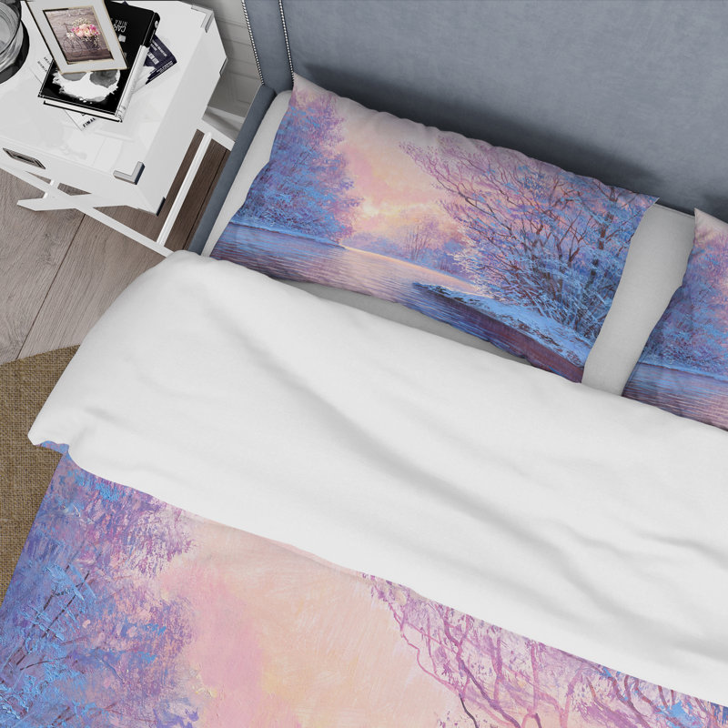 Winter Landscape With The River Original - Ensemble de housse de couette Lake House - Microfibre de polyester