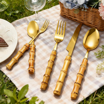 Bamboo Handle Flatware Set 30-Piece 18/8 Stainless Steel Cutlery Set With Natural Utensils For Kitchen Home Restaurant Wedding Party Use
