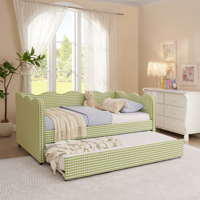 Cozy Gingham Daybed With Trundle Twin Size Sofa Bed And USB Port, Green