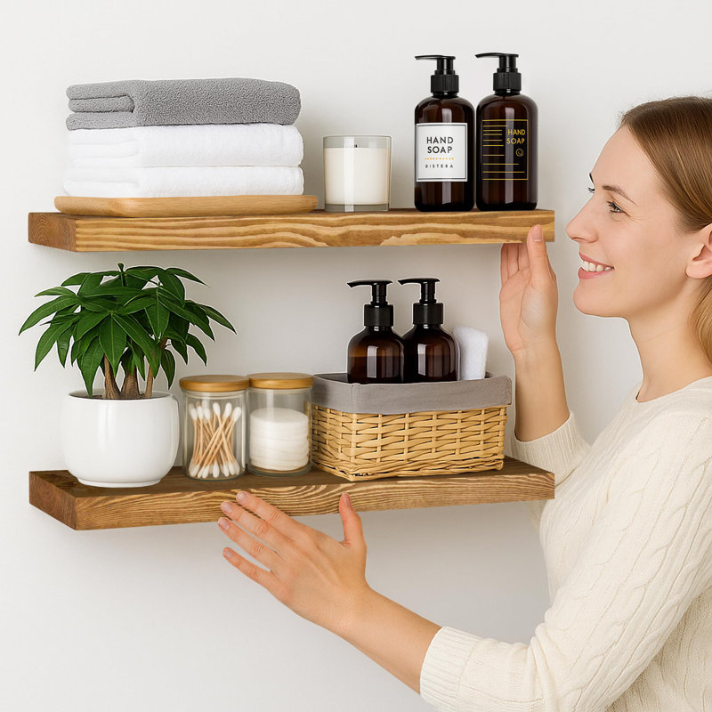 Solid Wood Floating Shelves，Rustic Wooden Wall Shelves, Yellow Brown, 1.25" H x 30" W x 6.7" D