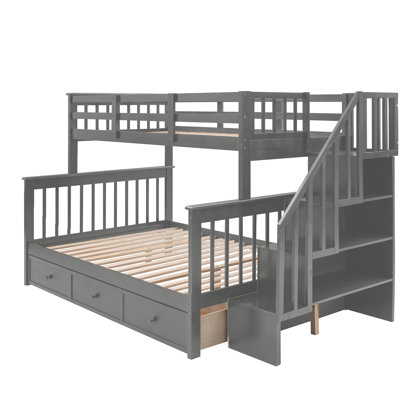 Lit superposé en escalier avec tiroir, rangement et barrière de sécurité pour chambre à coucher, dortoir, pour adultes,