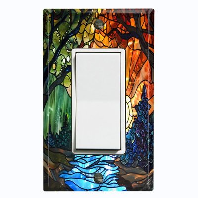 Metal Light Switch Plate Cover; US Standard Size 2 Gang Toggle - Printed Image of Stained Glass Landscape