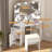 Vanity Desk with Mirror and Lights, Corner Makeup Vanity Set with 3-Panel Mirror, Power Outlets & Cushioned Stool, 3 Color Modes, Small Corner Dressing Table, White
