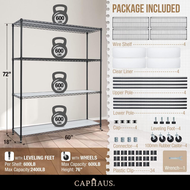 CAPHAUS NSF Heavy Duty Commercial 4-Tier Adjustable Wire Shelving w/Wheels, Leveling Feet & Liners, 60 x 18 x 76, Black