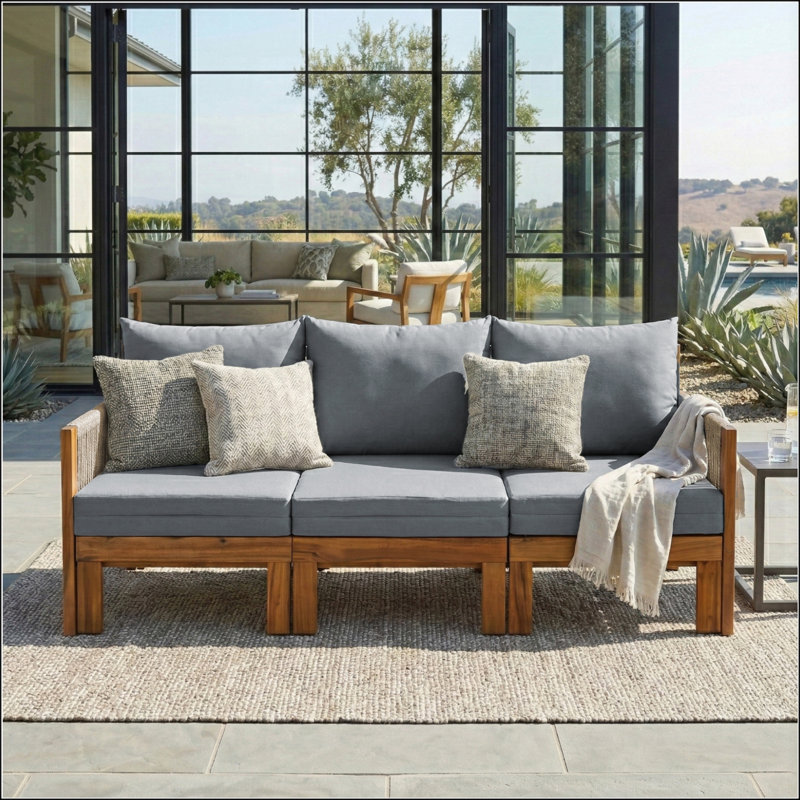 Convertible Outdoor Daybed Sofa Bed with Acacia Wood Frame and Waterproof Cushions for Patio, Backyard, and Pool Areas, Gray
