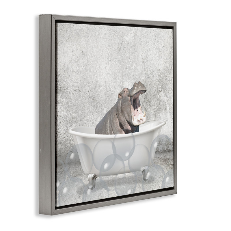 «Baby Hippo Bath Time», art mural encadré sur toile flottante par Kim Allen, Cadre flottant gris lustré, H 18 po x l 18 po