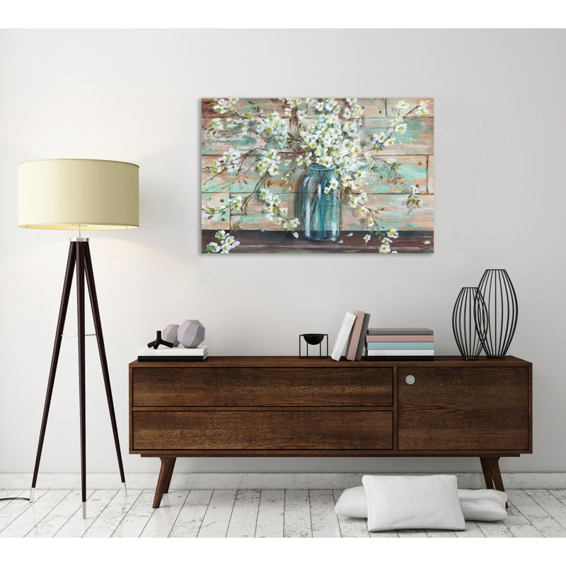 Blossoms In A Mason Jar II - Wrapped Canvas Painting, 25.4 cm H x 38.1 cm W